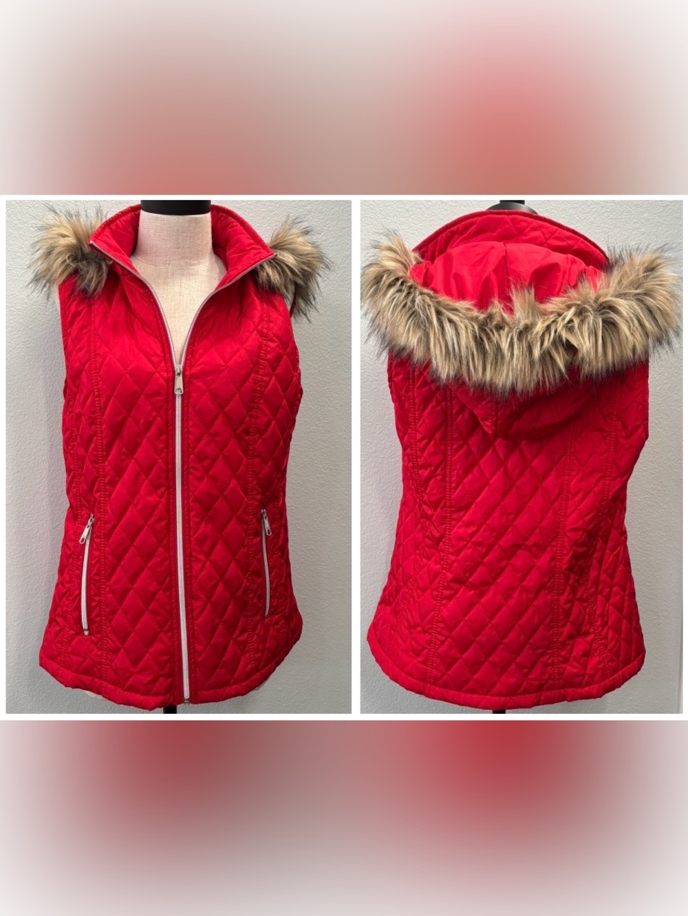 Black Rivet red quilted puffer vest with faux fur hood EUC - size M